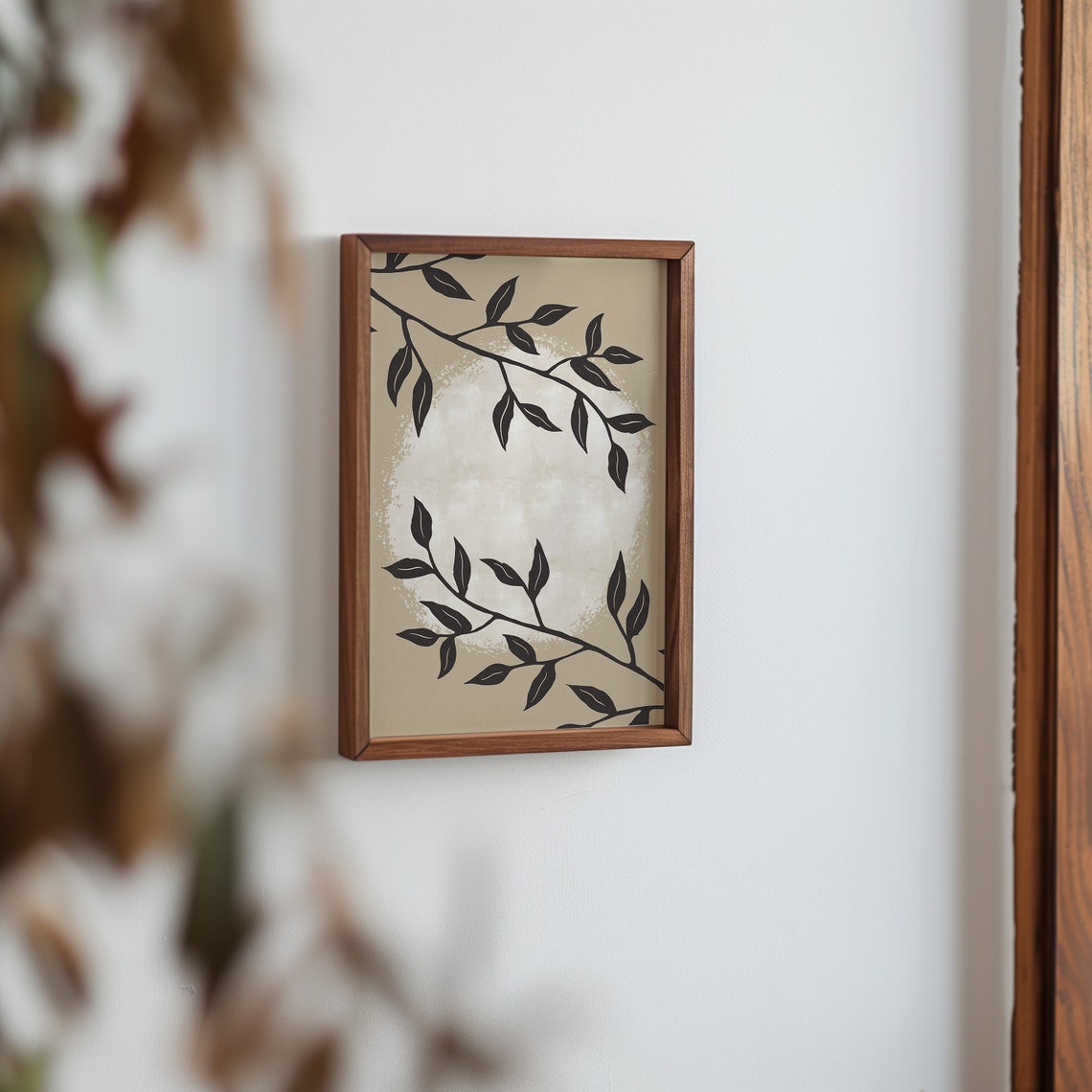 Full Moon Botanical Branch Silhouette Minimalist Beige Wall Art - Image 2
