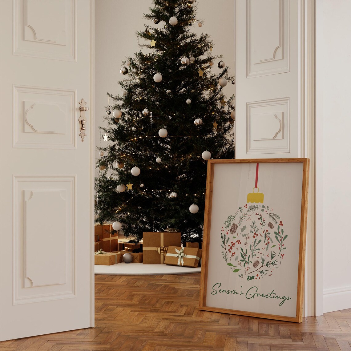 Season's Greetings Botanical Ornament Bauble Green Holiday Wall Print - Image 3