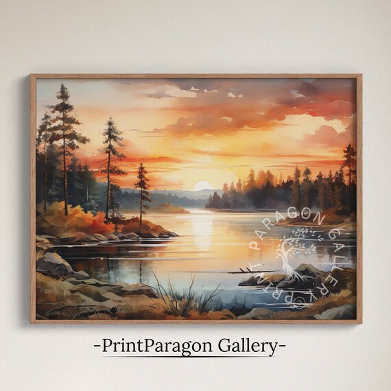 Autumn Lake Sunset With a Fiery Orange Sky Painting Landscape Poster