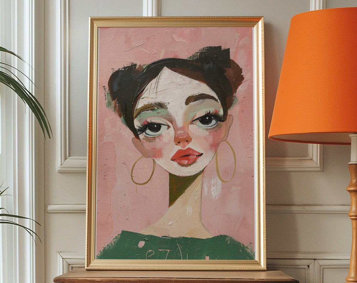 Whimsical Woman Portrait with Gold Hoop Earrings on Pink Poster - Image 7