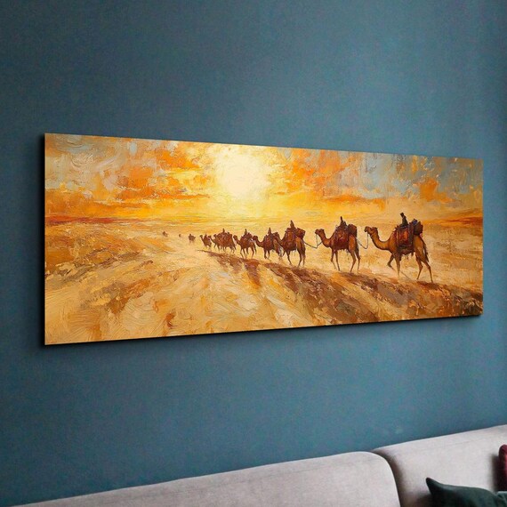 Camels In The Dunes Desert Oil Painting Ready To Hang Panoramic Wall Art Print Large Wall Art Panoramic Wall Art
