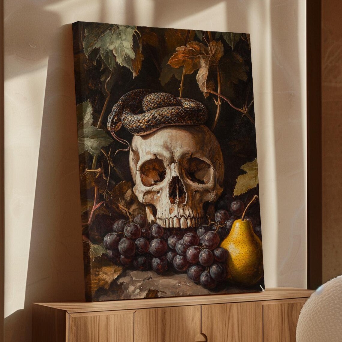 Skull Snake Grapes Pear Dark Still Life Gothic Vintage Oil Painting Poster
