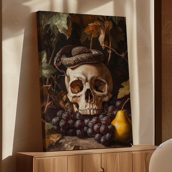 Skull Snake Grapes Pear Dark Still Life Gothic Vintage Oil Painting Poster