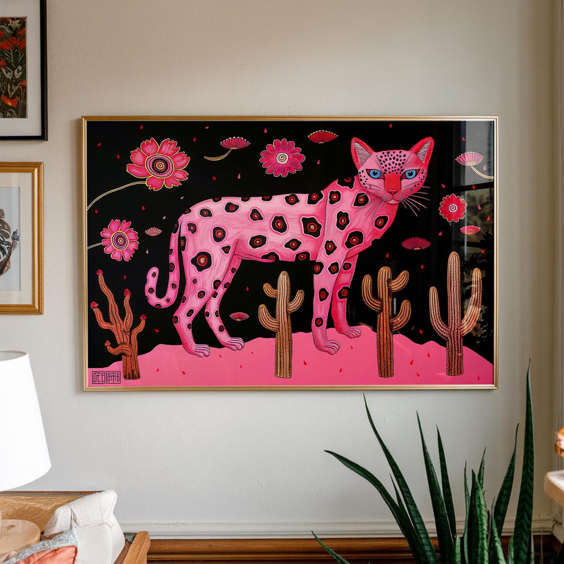 Pink Leopard Desert Cactus Wildflowers Surreal Maximalist Wall Art