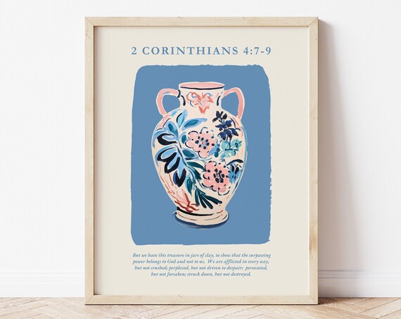 2 Corinthians 4:7-9 Floral Vase Watercolor Blue Jars of Clay Verse Poster