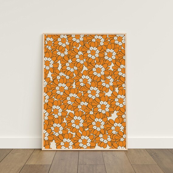 Retro Orange Wildflower Blooms Pattern Vintage 70s Floral Poster
