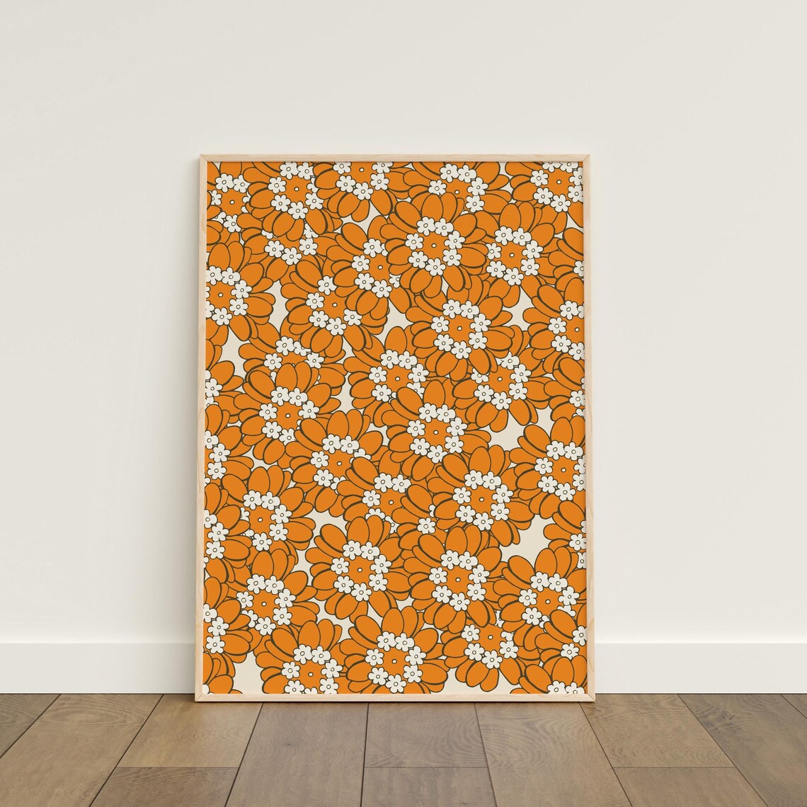 Retro Orange Wildflower Blooms Pattern Vintage 70s Floral Poster