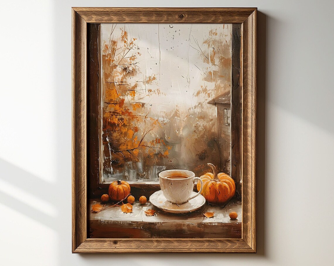 Fall Coffee Art Print, Cozy Neutral Autumn Decor