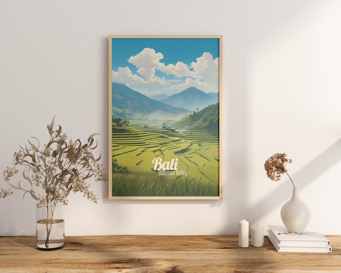 Bali Sidemen Valley Lush Green Rice Terraces Retro Travel Poster