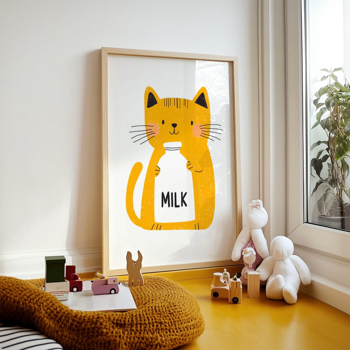 Orange Cat Holding Milk Bottle Cute Kids Room Animal Art Poster