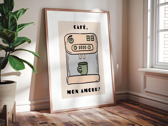 Cafe Mon Amour Cute Coffee Machine Illustration French Kitchen Poster