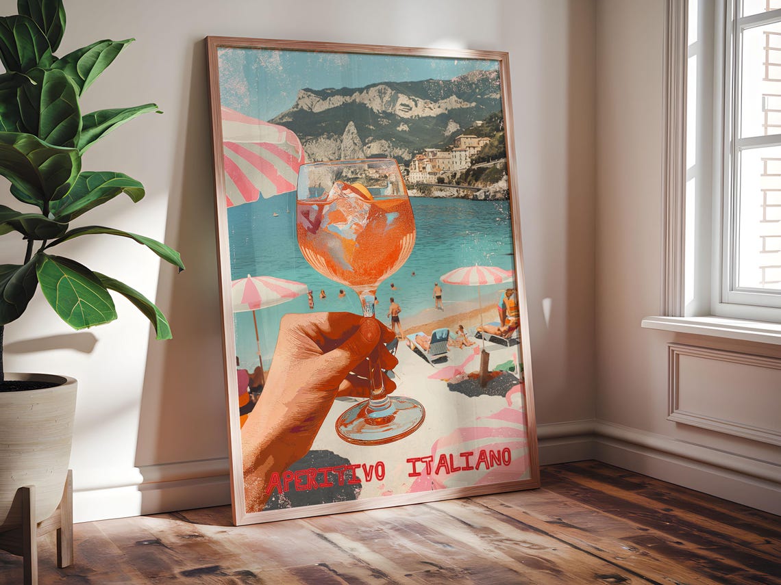 Aperitivo Italiano Aperol Spritz Beach Sunset Retro Cocktail Poster