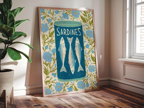 Sardines Kitchen Wall Art Framed Mounted Poster Sustainable Oak Ash Design