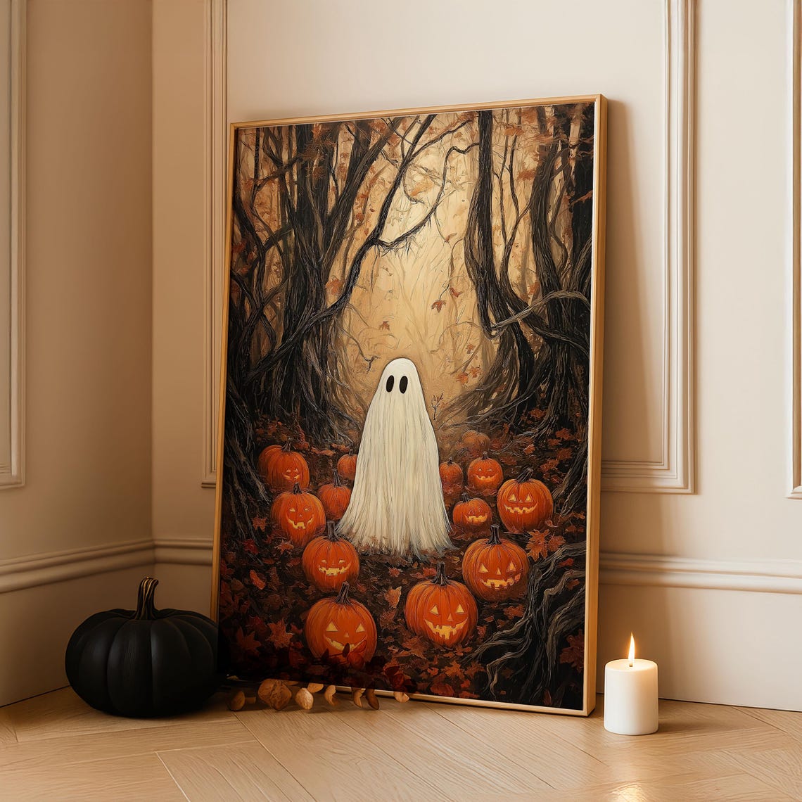 Vintage Halloween Ghost In Pumpkin Field Dark Forest Art Poster