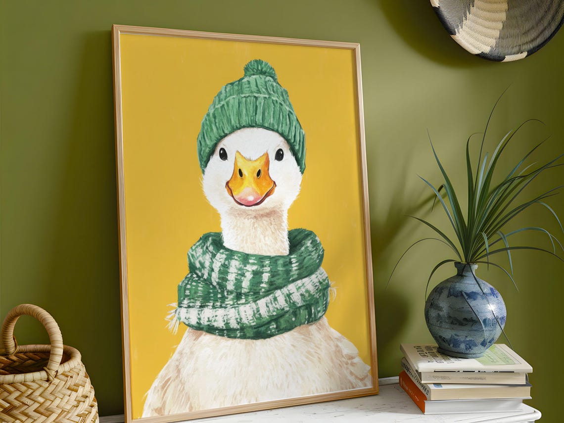Cute Duck Wearing Green Knit Hat and Scarf Funny Animal Poster
