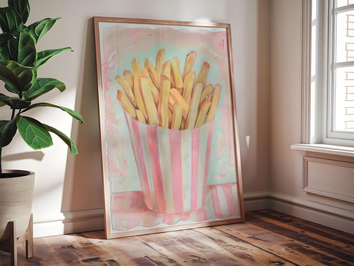 Vintage French Fries Pink Striped Carton Pastel Kitchen Art Poster