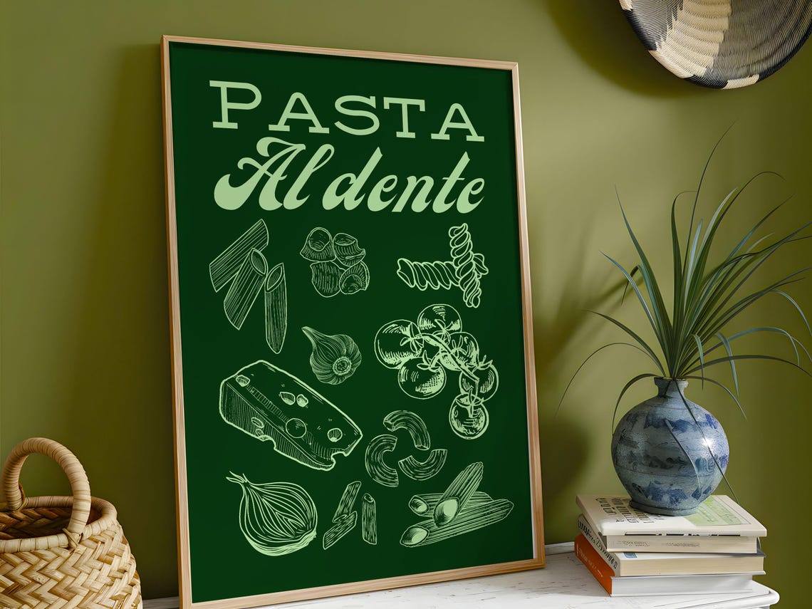 Pasta Al Dente Green Chalkboard Italian Kitchen Typography Art Poster