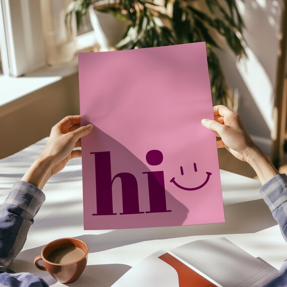 Hi Typography Art Poster With Smiley Aesthetic Minimalist Pink Print Trendy Apartment Decor Modern For Home