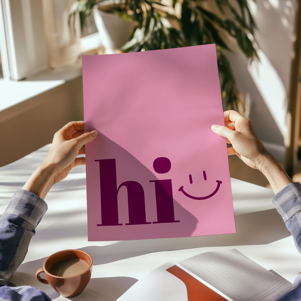 Hi Smiley Face Pink Minimalist Cheerful Happy Greeting Wall Art
