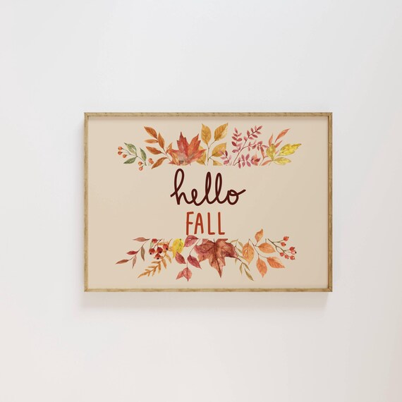 Hello Fall Horizontal Watercolor Maple Leaves Rustic Decor Poster