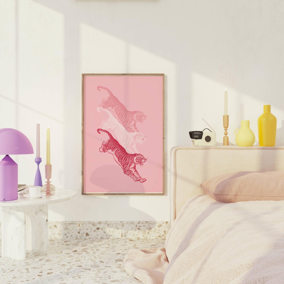 Pink Tiger Trio Preppy Gradient Jungle Cat Dance Party Wall Art - Image 3
