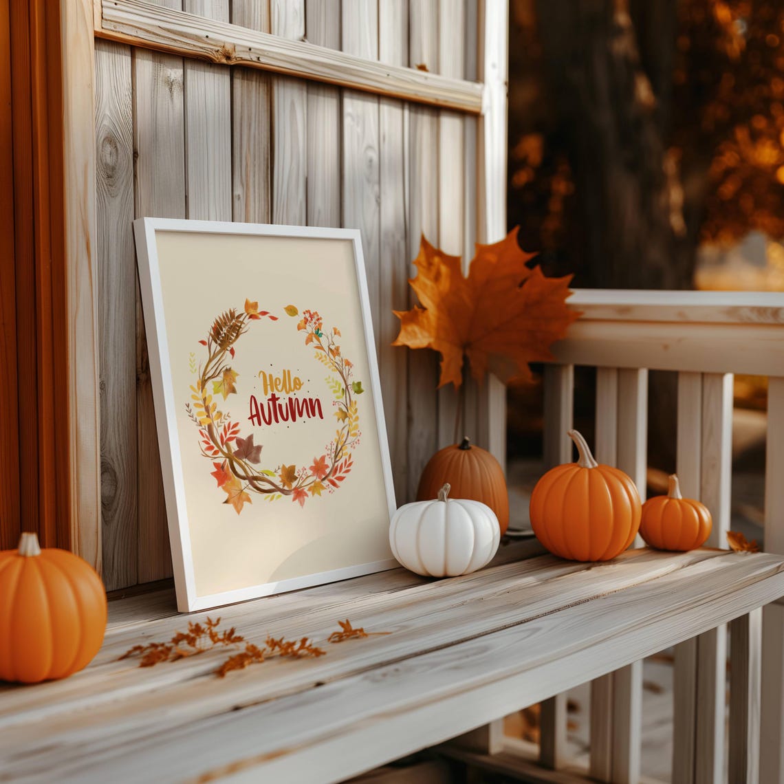 Hello Autumn Vertical Watercolor Wreath Cozy Fall Harvest Poster - Image 2