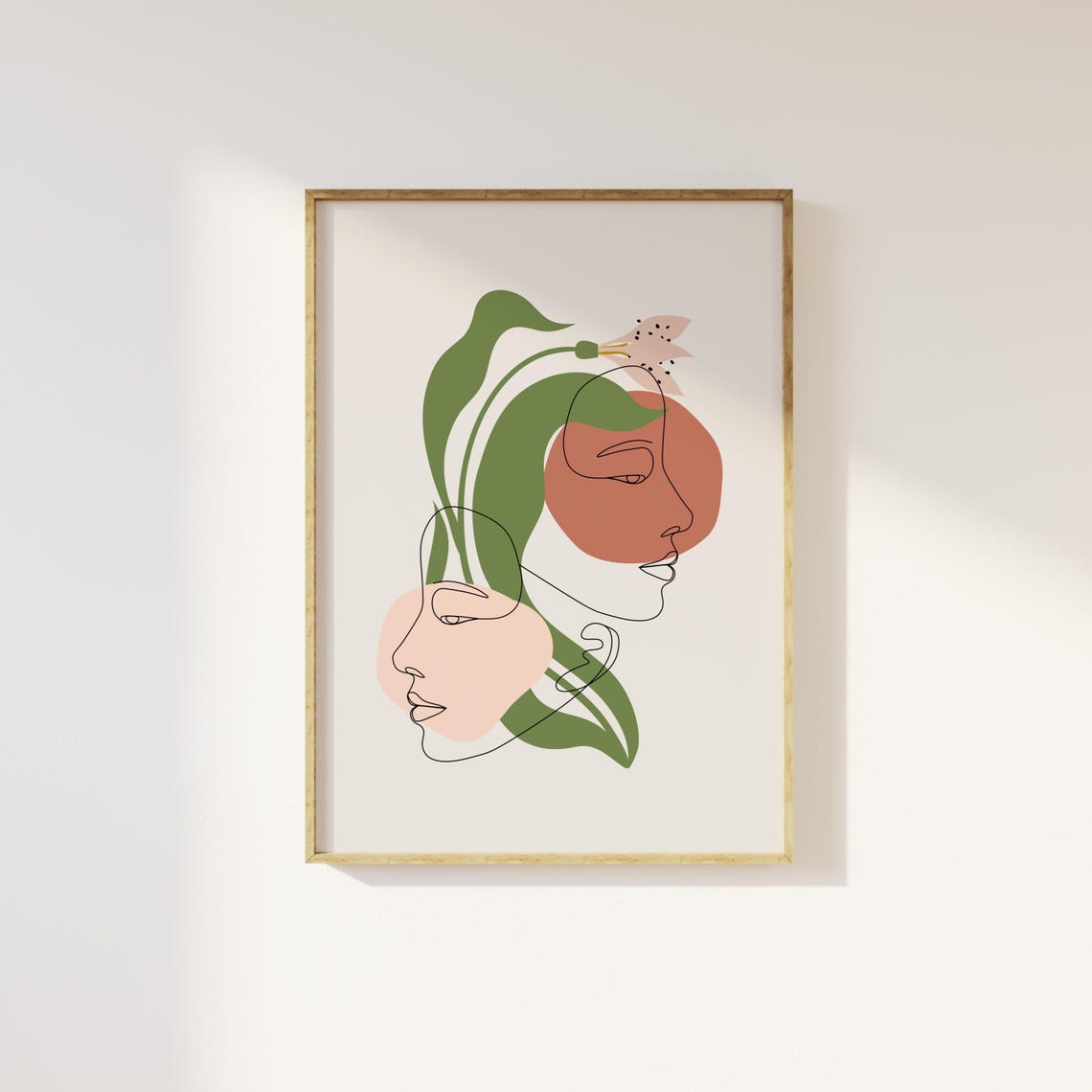 Boho Floral Line Drawing Faces Green Leaves Minimalist Modern Poster