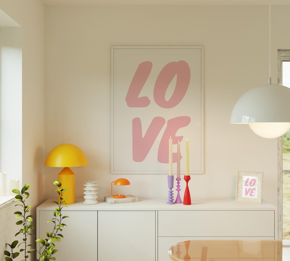 Pink LOVE Typography Minimalist Romantic Heart Decor Wall Art - Image 2