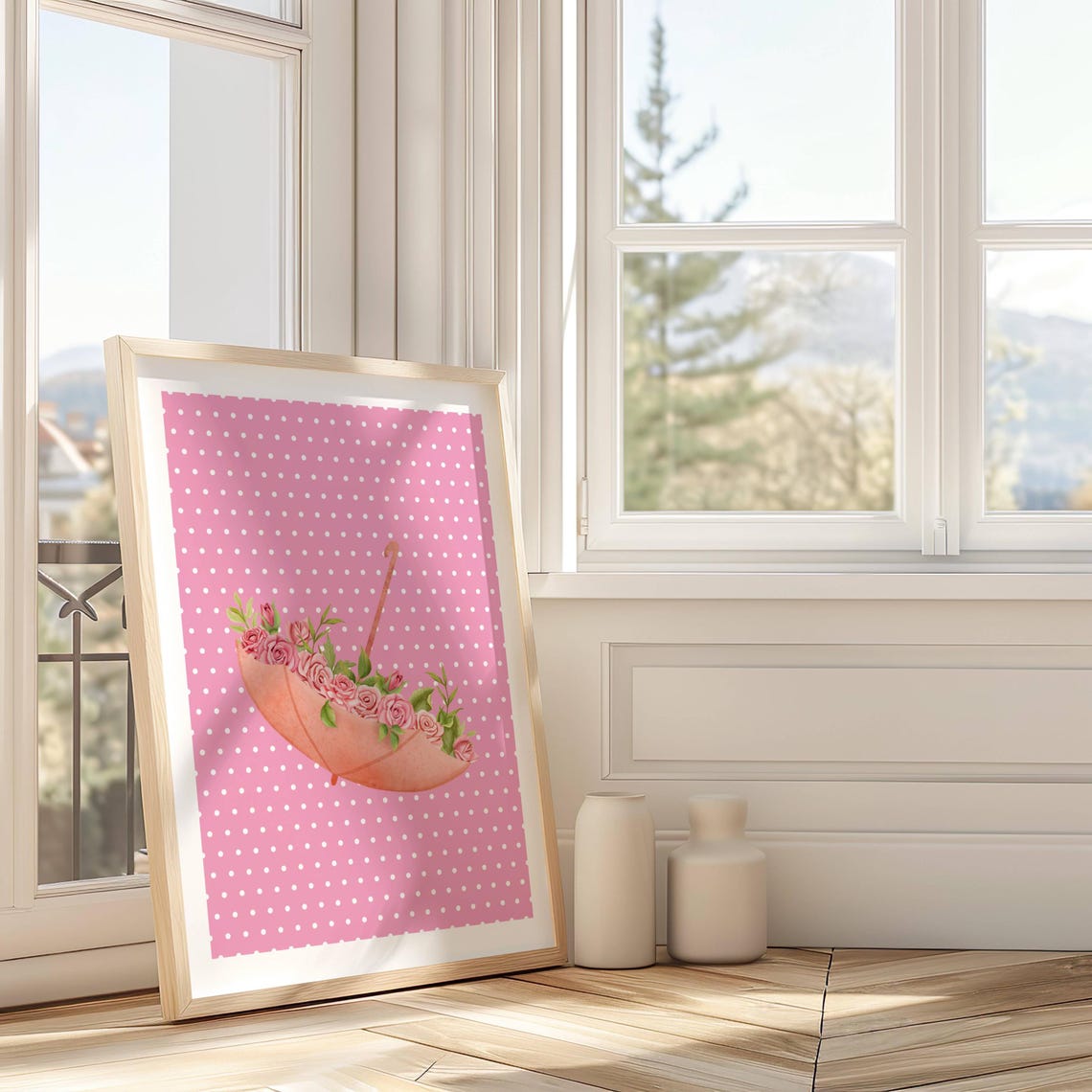 Pink Rose Umbrella Whimsical Floral Polka Dot Dreamy Art Poster - Image 3