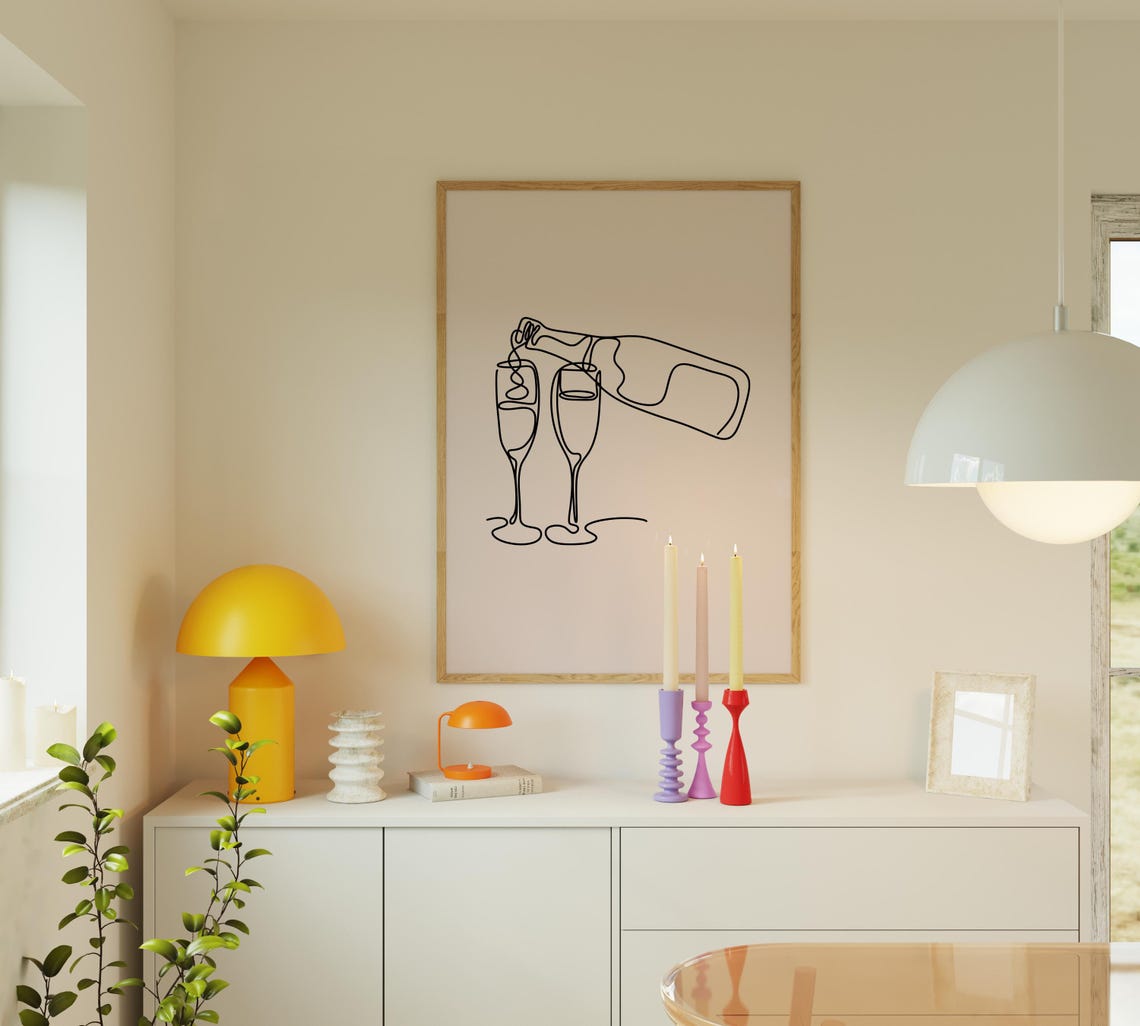 Champagne Pour One Line Drawing Flutes Minimalist Party Wall Art - Image 2
