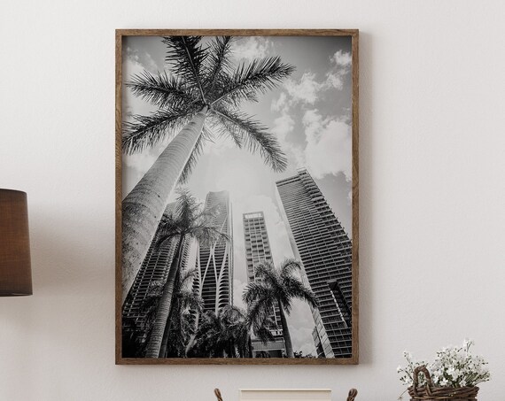 Miami Florida Downtown Skyline Palm Tree Black White City Poster