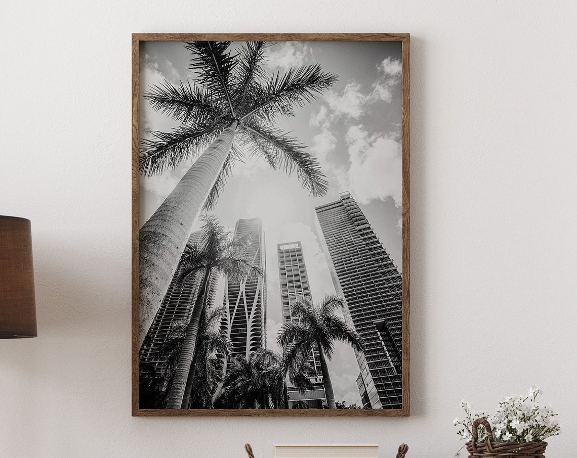 Miami Florida Downtown Skyline Palm Tree Black White City Poster