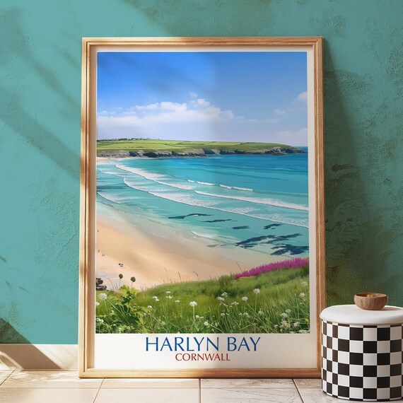 Harlyn Bay Cornwall Turquoise Waves Sandy Beach Summer Travel Poster