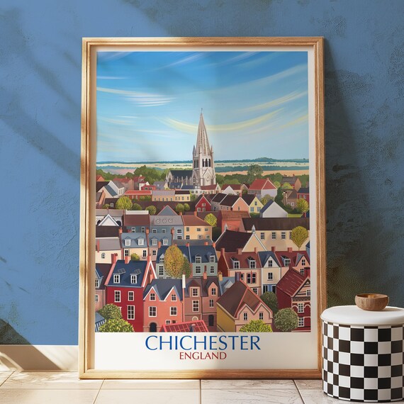 Chichester Cathedral City Print Illustrated Travel Poster Colourful Rooftops