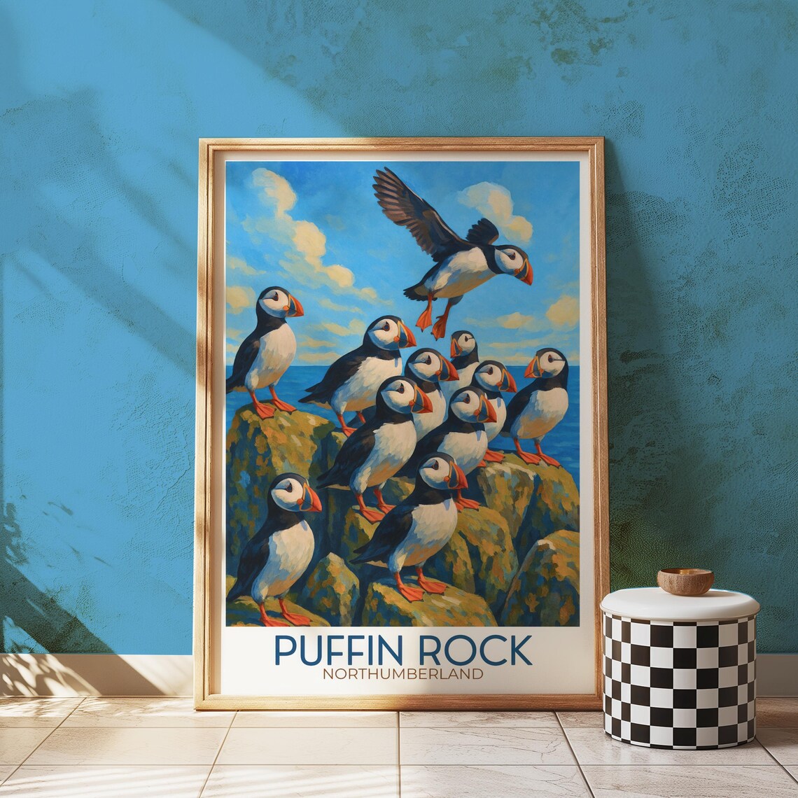 Puffin Rock Northumberland Seabird Illustration Travel Poster