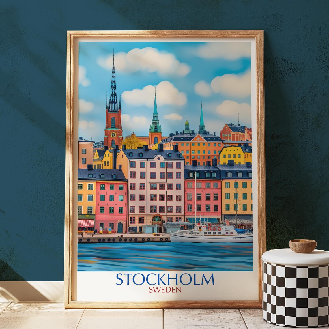 Stockholm Gamla Stan Sweden Travel Poster Colorful Merchant Houses Harbor Boat Scene