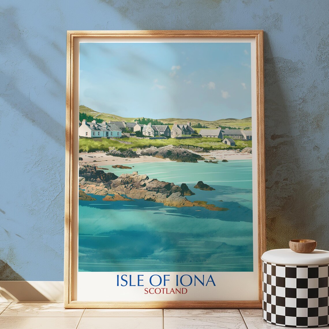 Isle of Iona Scotland Turquoise Coast Village Travel Illustration Poster