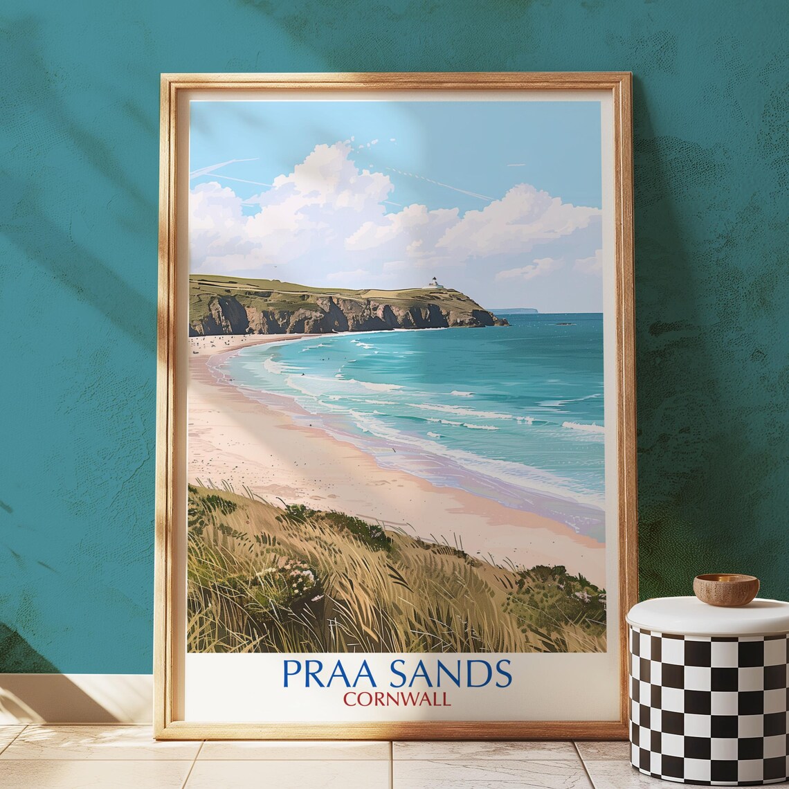 Praa Sands Cornwall Sandy Bay Rugged Cliffs Coast Vintage Travel Poster