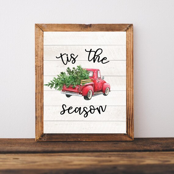 Tis the Season Red Vintage Truck Christmas Tree Shiplap Farmhouse Poster