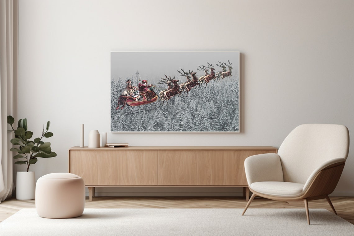 Frame Tv Art Christmas Wall Art Santa Reindeer Companionship Oil Painting Vintage Cottagecore Academia Christmas Decor Winter Print - Image 3