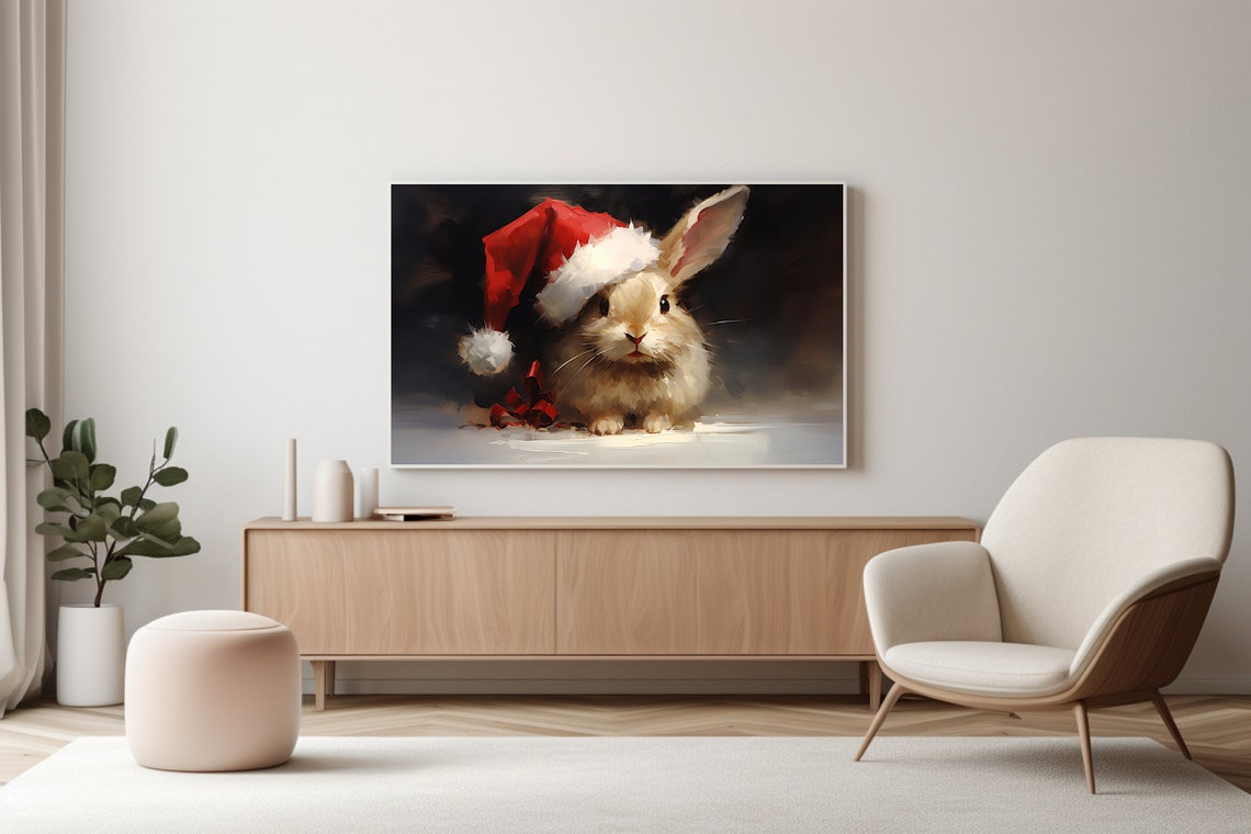 Adorable Bunny In A Santa Hat With A Red Ribbon Bow Dark Poster - Image 3