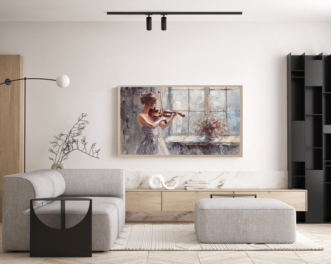 Woman Playing Violin By Window Romantic Music Painting Poster - Image 5