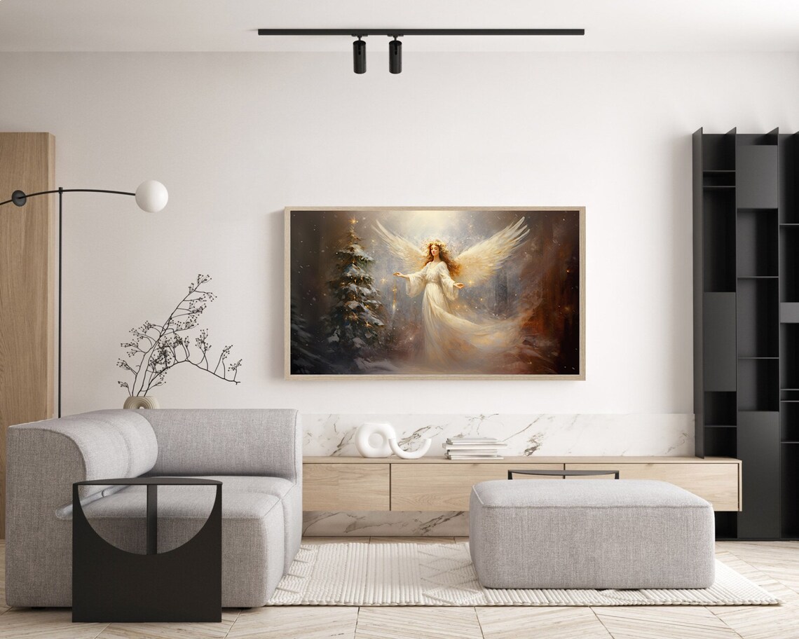 Christmas Angel Snowy Tree Glowing Wings Winter Holiday Art Poster - Image 5
