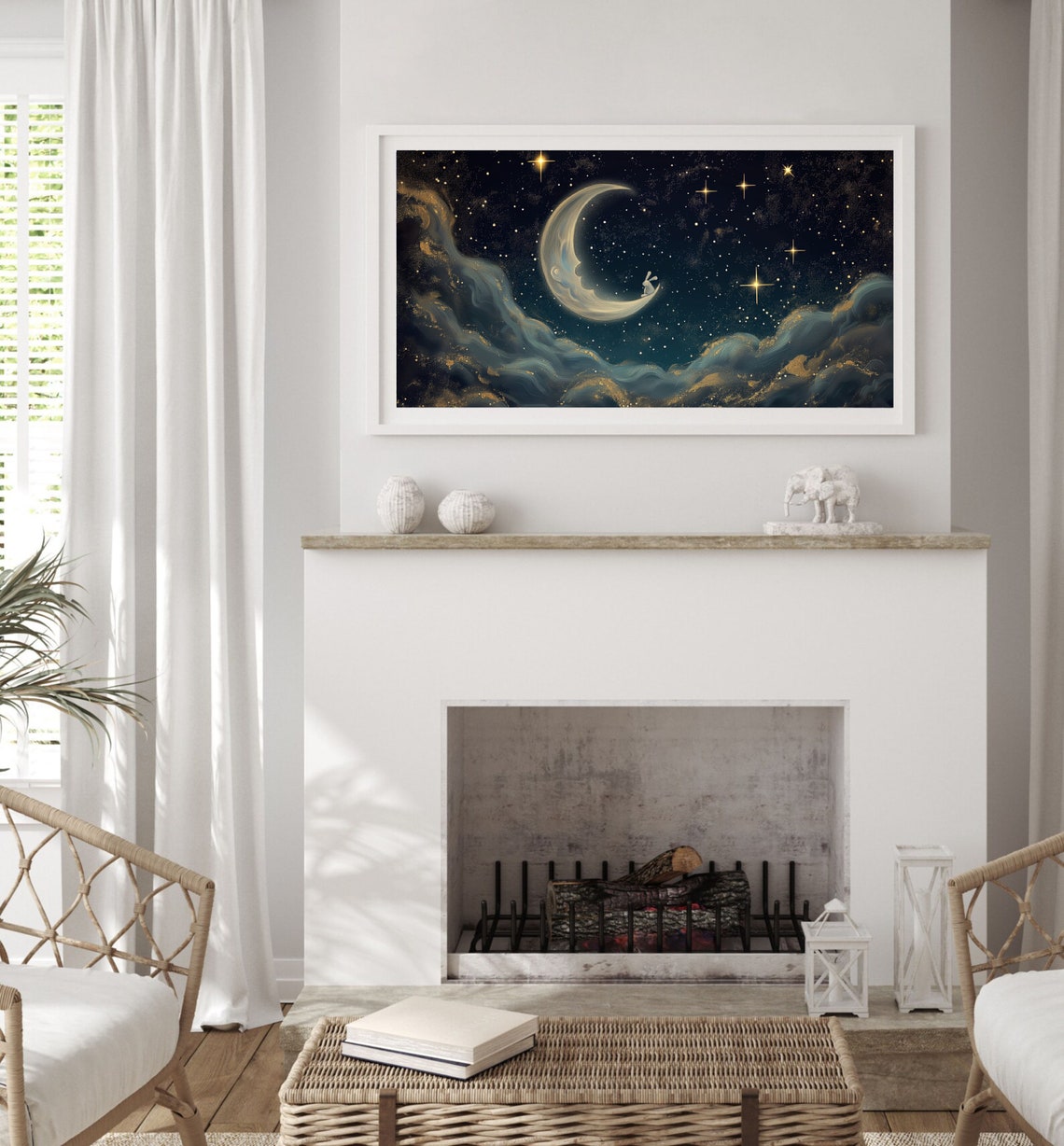 Bunny On The Crescent Moon Starry Night Nursery Painting Poster - Image 3