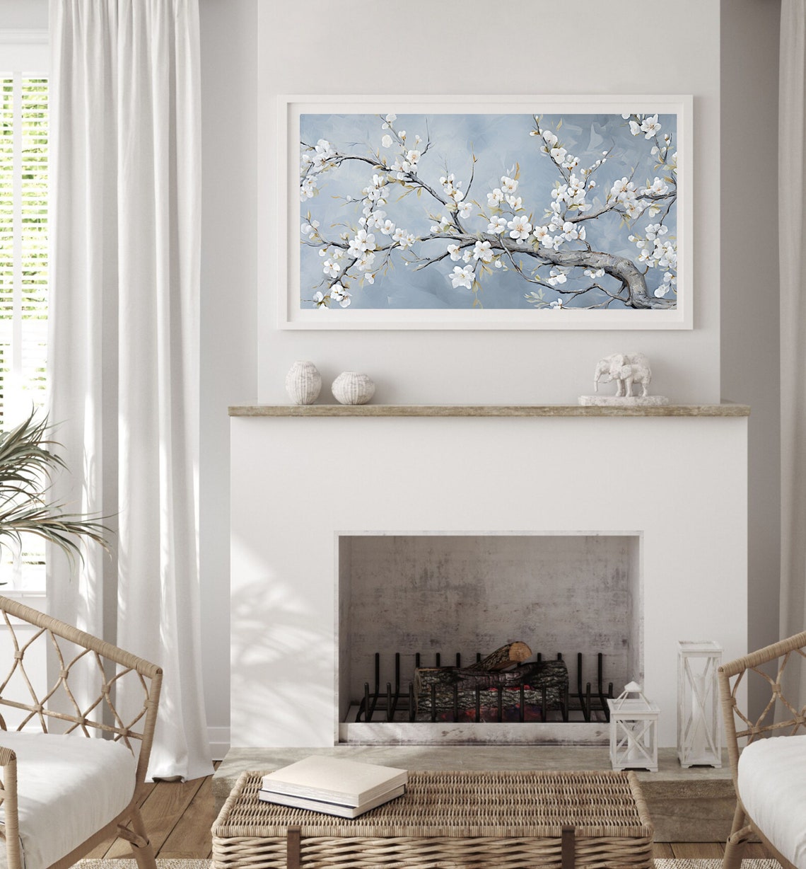 White Almond Blossom Branches on Blue Spring Oil Painting Poster - Image 2