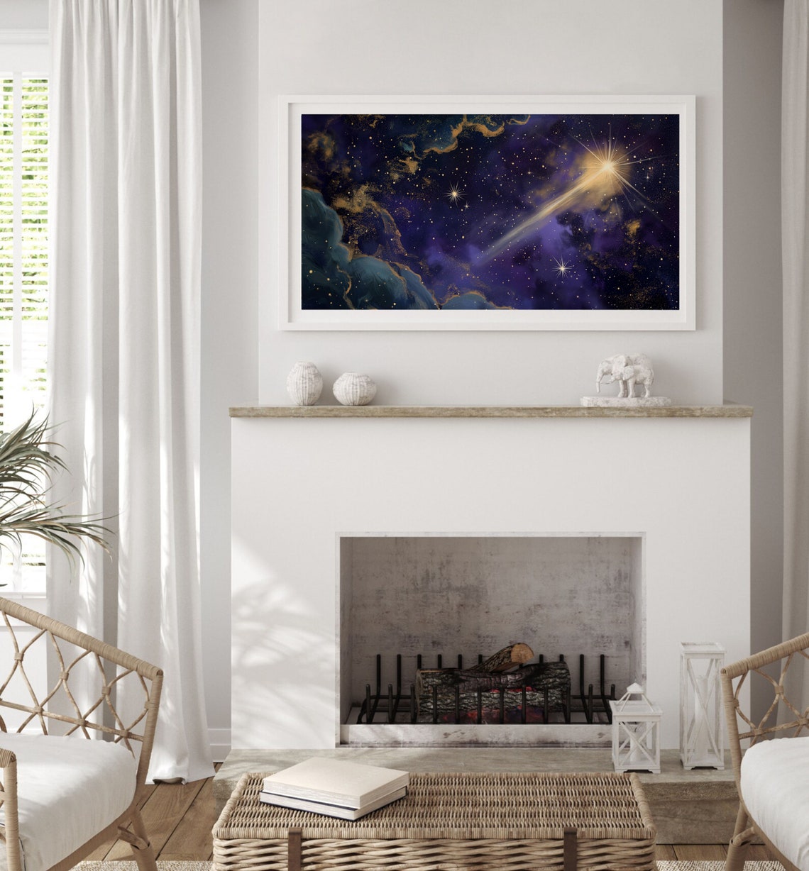 Shooting Star Purple Gold Nebula Night Sky Celestial Painting Poster - Image 3