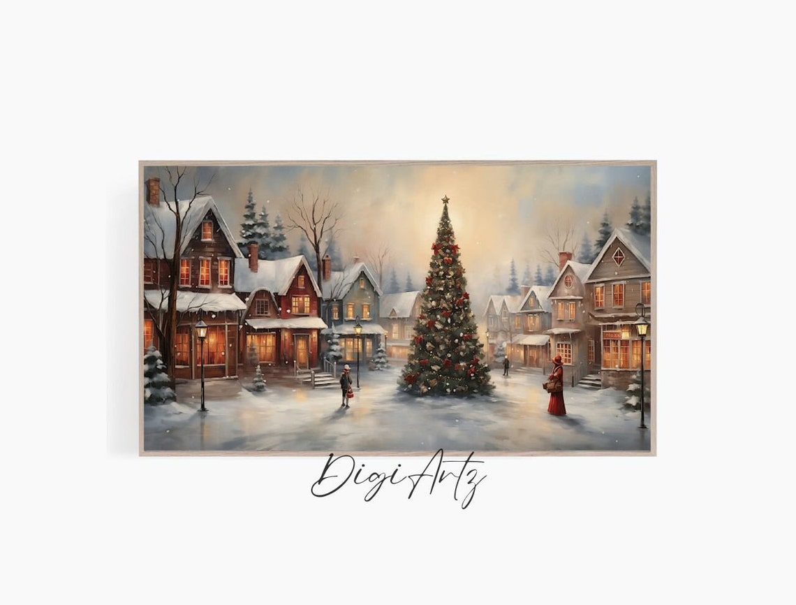 Frame Tv Art Christmas Wall Art Vintage Christmas Town Oil Painting Cottagecore Academia Christmas Home Decor Winter Holiday Print