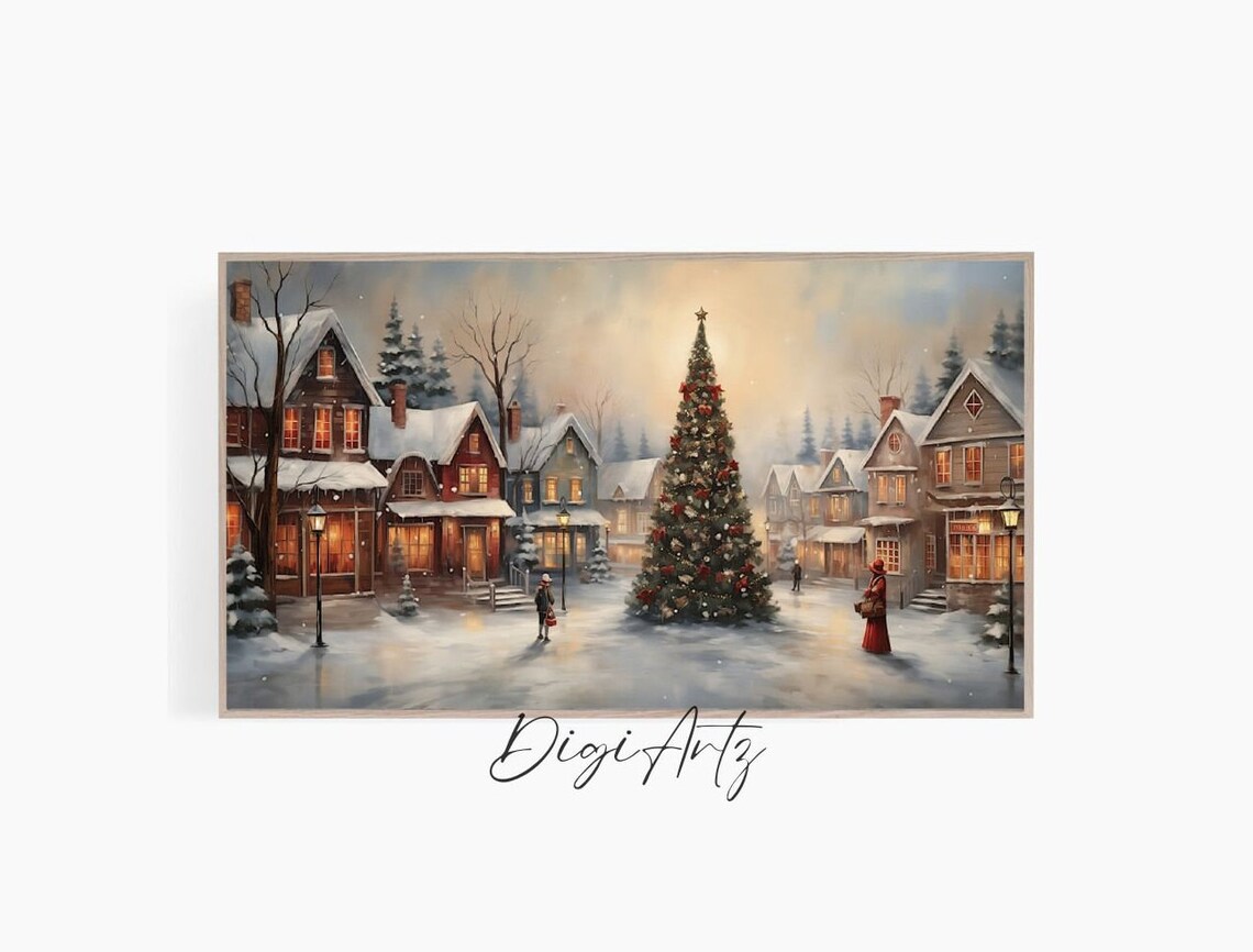 Victorian Christmas Village Square Snowy Scene Carolers Poster