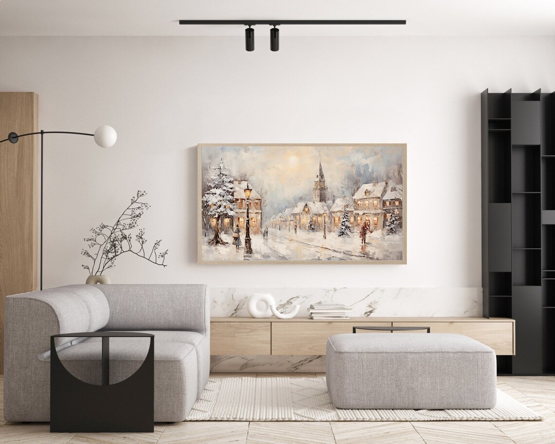 Frame Tv Vintage Winter Town Oil Painting Cottagecore Academia Christmas Decor Rustic Snowy Winter Landscape Holiday Farmhouse Print - Image 5