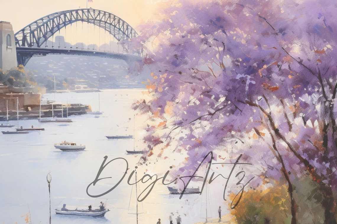 Sydney Harbour Bridge Jacaranda Blossom Waterfront Painting Poster - Image 3